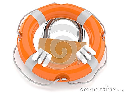 Padlock character inside life buoy Cartoon Illustration