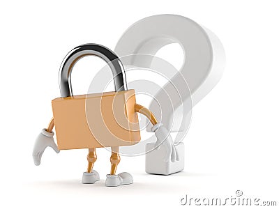 Padlock character looking at question mark symbol Cartoon Illustration