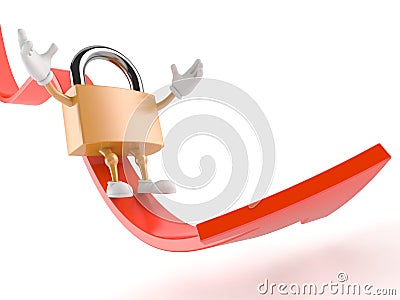 Padlock character sliding on red arrow Cartoon Illustration