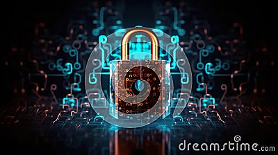 A padlock on a circuit with a glowing background. Generative AI image. Cyber cecurity concept image. Stock Photo