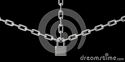 Padlock closed on three chains isolated against black background. 3d illustration Cartoon Illustration