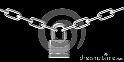 Padlock closed on two chains isolated against black background. 3d illustration Cartoon Illustration