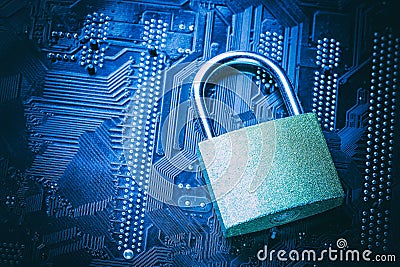 Padlock on computer motherboard. Internet data privacy information security concept Stock Photo