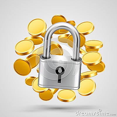 Padlock with gold coins object icon. Vector Illustration