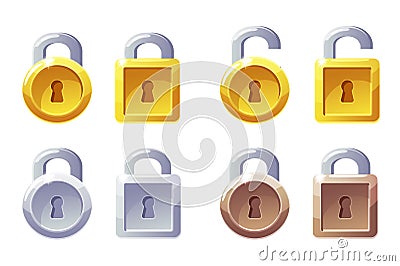 Padlock icon with square and round shape. Vector GUI Level Lock. Golden, silver and bronze padlocks. Vector Illustration