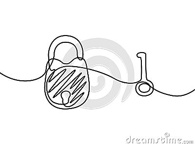 Padlock with key. Continuous line drawing. Vector illustration. Vector Illustration