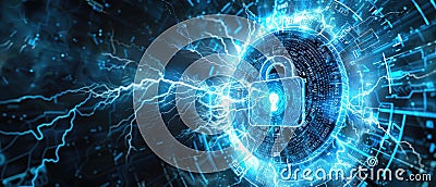Padlock with lightning in dark cyber world, abstract digital data background, secure information. Theme of lock, protection, Stock Photo