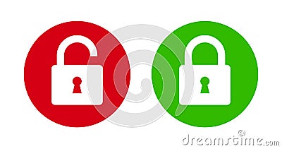 Padlock lock and unlock icon on green and red flat button Vector Illustration