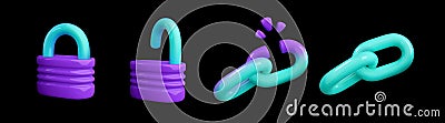 Padlock, open lock, chain and weakness chain link 3d vector icon set on black background. Protection, safety, encryption Vector Illustration