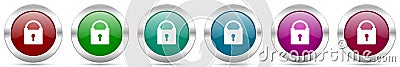Padlock, security silver metallic vector icon set, round glossy buttons with chrome border for web design Vector Illustration