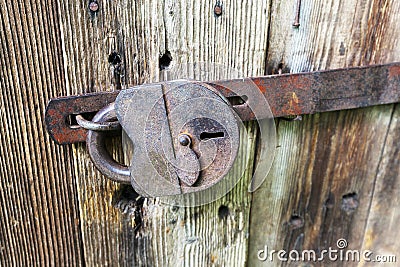 padlock . wooden door Stock Photo