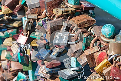 Padlocks of love on the Tumski bridge in Wroclaw. Poland Editorial Stock Photo