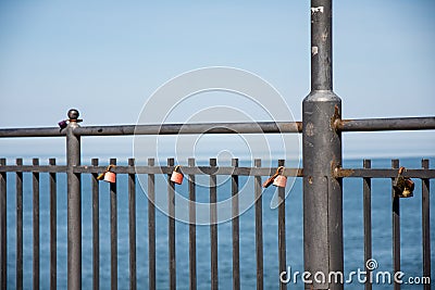 Padlocks on the railings at the pier in Miedzyzdroje. poland Stock Photo