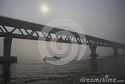 Padma Bridge, Mawa ghat, and water transport in Bangladesh Stock Photo