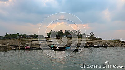 The Padma is the most beautiful river in Bangladesh. Row upon row of boats beautiful view of the river bank Stock Photo