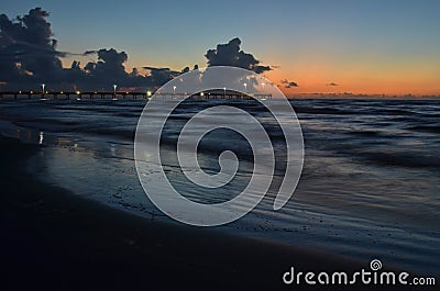 Padre Island beach lighted pier Corpus Christi, Texas Editorial Stock Photo