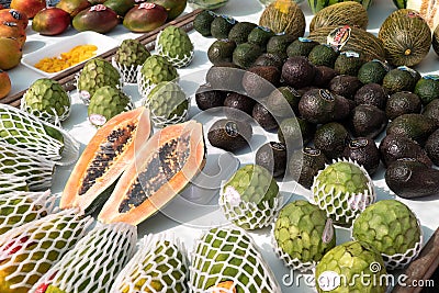 Fresh tropical fruits for sale at farmers market Editorial Stock Photo