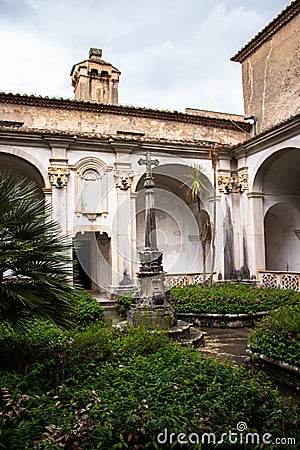 Padula, Salerno, Campania, Italy - May 21, 2017: Cloister of the ancient cemetery in the Certosa di San Lorenzo Editorial Stock Photo
