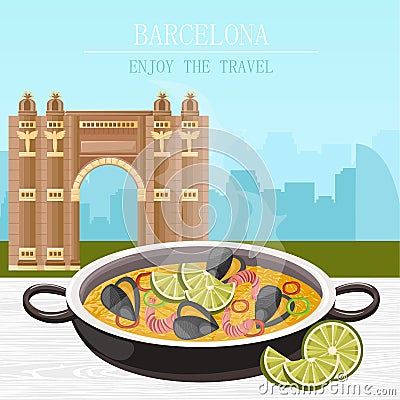 Paella national spanish dish Vector. Barcelona architecture on backgrounds Vector Illustration