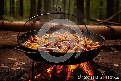 paella pan simmering on open campfire flames Stock Photo