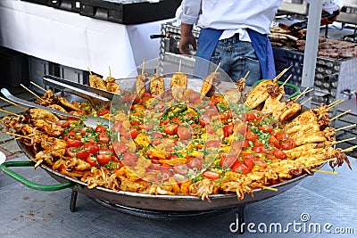 Paella prepared in a giant pan, at a big Silvester party Stock Photo