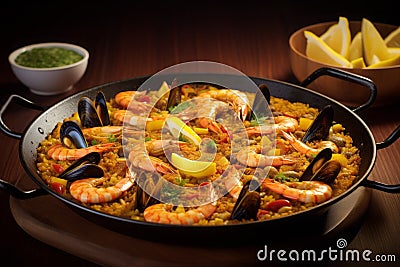 Paella with seafood, traditional spanish dish on dark wooden background Stock Photo