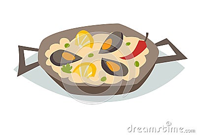 Paella with seafood vector illustration. Traditional spanish food Vector Illustration