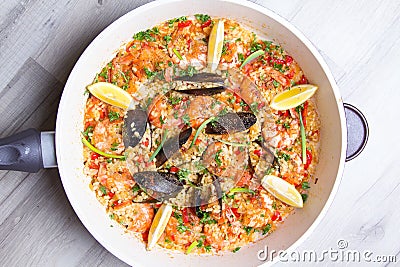 Paella with shrimps and mussels Stock Photo