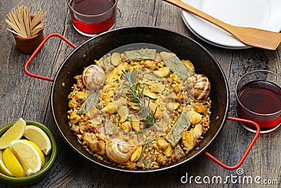 Paella Valenciana, Spanish traditonal rice dish Stock Photo