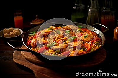 Paella Valenciana - Traditional Spanish rice dish with saffron, chicken, rabbit, and vegetables Stock Photo