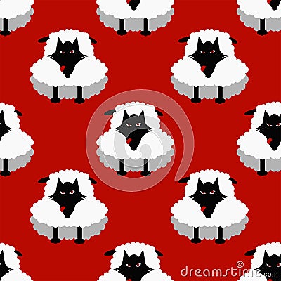 Paffern of wolfs in sheep`s clothings on red background Vector Illustration