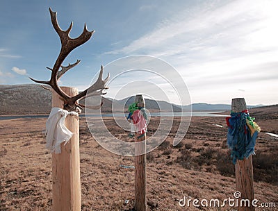 Pagan place of worship Buryats God Burkhan and lake ilchir Stock Photo