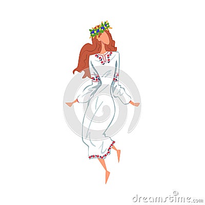 Pagan Ritual Dance, Beautiful Slavic Girl Dancing Wearing Traditional White Dress and Wreath of Flowers Cartoon Style Vector Illustration