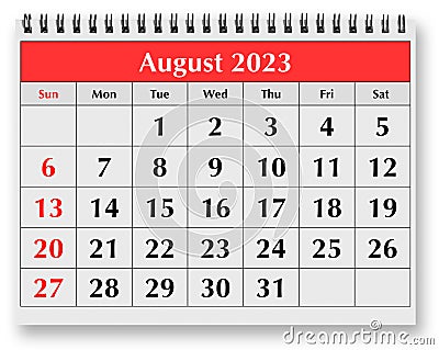 Page of the annual monthly calendar - August 2023 Stock Photo