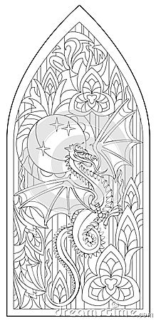 Page with black and white drawing of beautiful medieval Gothic window with stained glass and dragon for coloring. Vector Illustration