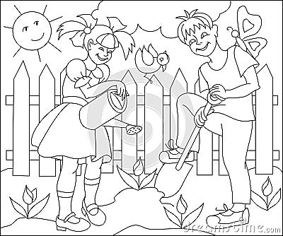 Page with black and white drawing for coloring. Illustration of children working in the spring garden. Vector Illustration