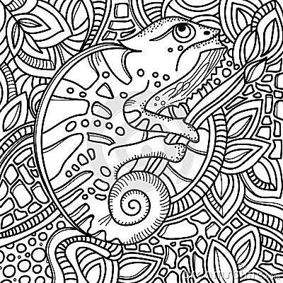 Page for color book with stylized chameleon sitting on a tree branch. Hand drawn sketch, doodle, zentangle. Vector Illustration