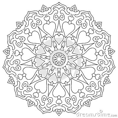 Page coloring mandala with hearts isolated on white Vector Illustration