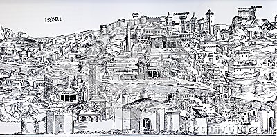 Page depicting Rome in Nuremberg Chronicle, illustrated encyclopedia of 1499 Editorial Stock Photo