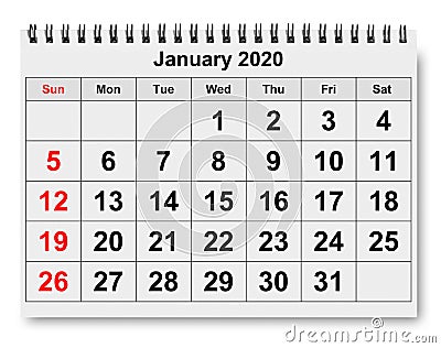 Page of monthly calendar - January 2020 Stock Photo