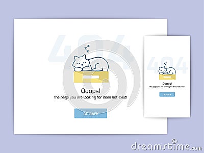 Page not found 404 design concept template. error page flat line vector. Link to a non-existent page. Cat sleeping on box illustra Vector Illustration