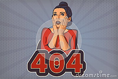 404 Page not found vector illustration. Web internet problem with internet page. Woman with open mouth cartoon pop art styled. Vec Cartoon Illustration