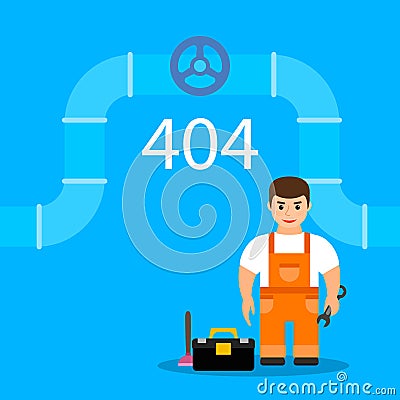 Page 404 with plumber. Web oops error or not found page Cartoon Illustration