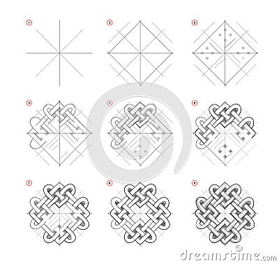 Page shows how to learn to draw sketch of Celtic knot ornament. Creation step by step pencil drawing. Educational page for artists Vector Illustration