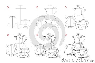 Page shows how to learn to draw sketch of old coffee set. Creation step by step pencil drawing. Educational page for artists. Vector Illustration