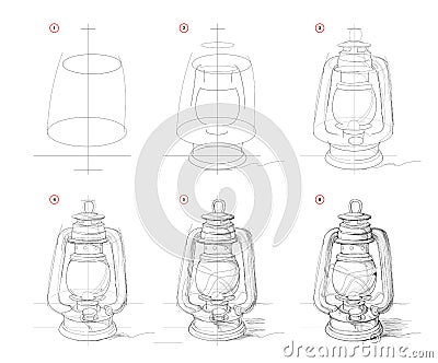 Page shows how to learn to draw sketch of old kerosene lamp. Creation step by step pencil drawing. Educational page for artists. Vector Illustration