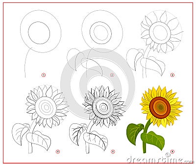 Page shows how to learn to draw step by step beautiful sunflower. Developing children skills for drawing and coloring. Printable Vector Illustration