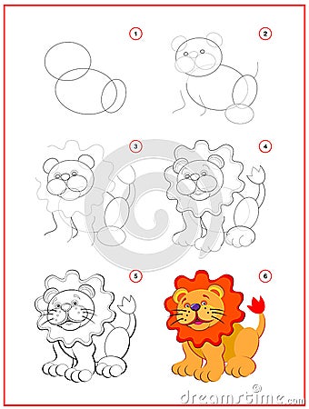 Page shows how to learn to draw step by step cute little toy lion. Developing children skills for drawing and coloring. Vector Illustration