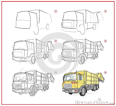 Page shows how to learn to draw step by step model of garbage truck. Developing children skills for drawing and coloring. Vector Illustration