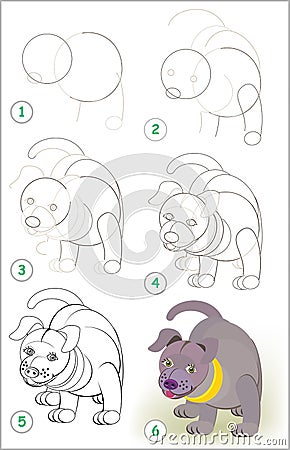 Page shows how to learn step by step to draw a cute little puppy. Developing children skills for drawing and coloring. Vector Illustration